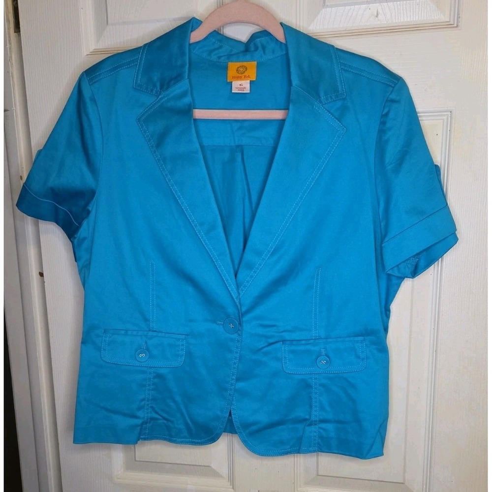 Ruby Rd Women's Blazer Size 16 Turquoise Blue Short Sleeve Cotton Stretch Jacket
